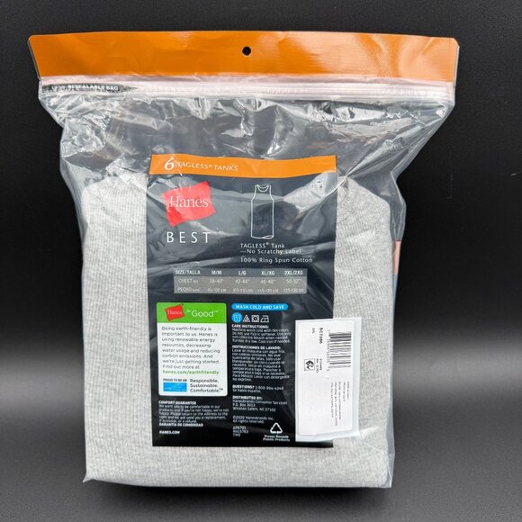 Hanes Mens 6-Pack Best Tagless Tanks 2XL Black Gray 100% Ring Spun Cotton - Picture 2 of 4